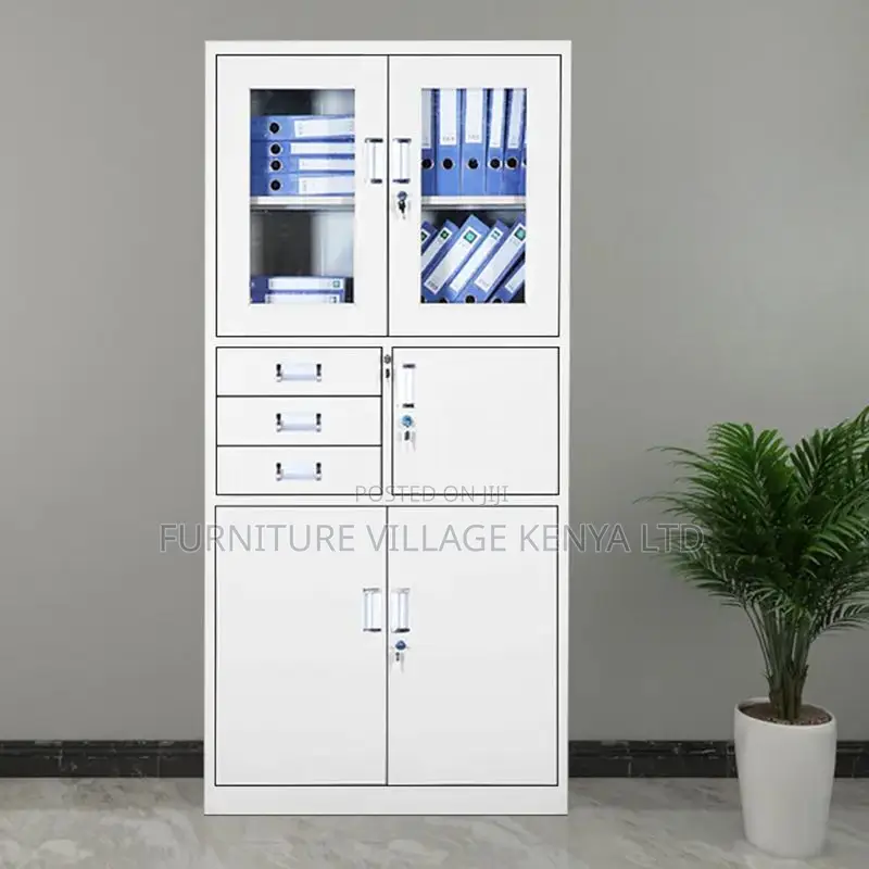 Cabinets: Metal Office Cupboard With Glass Panels and Safe