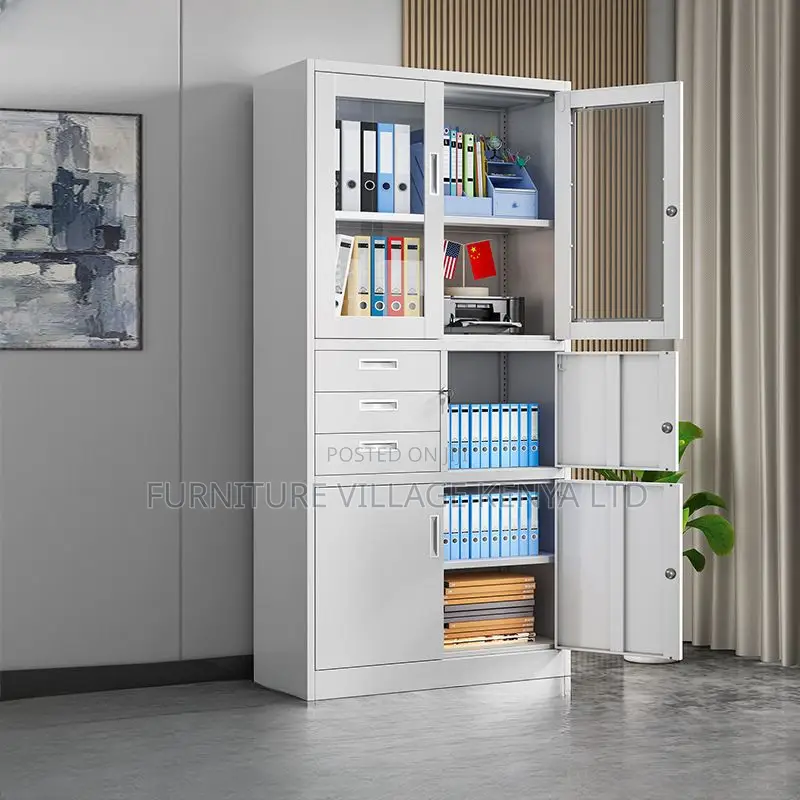 Cabinets: Metal Office Cupboard With Glass Panels and Safe