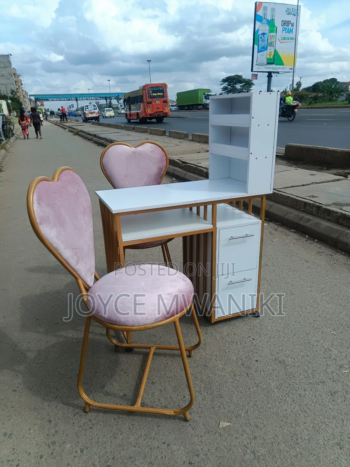 Manicure Set, Baby Pink Seats and White Table 