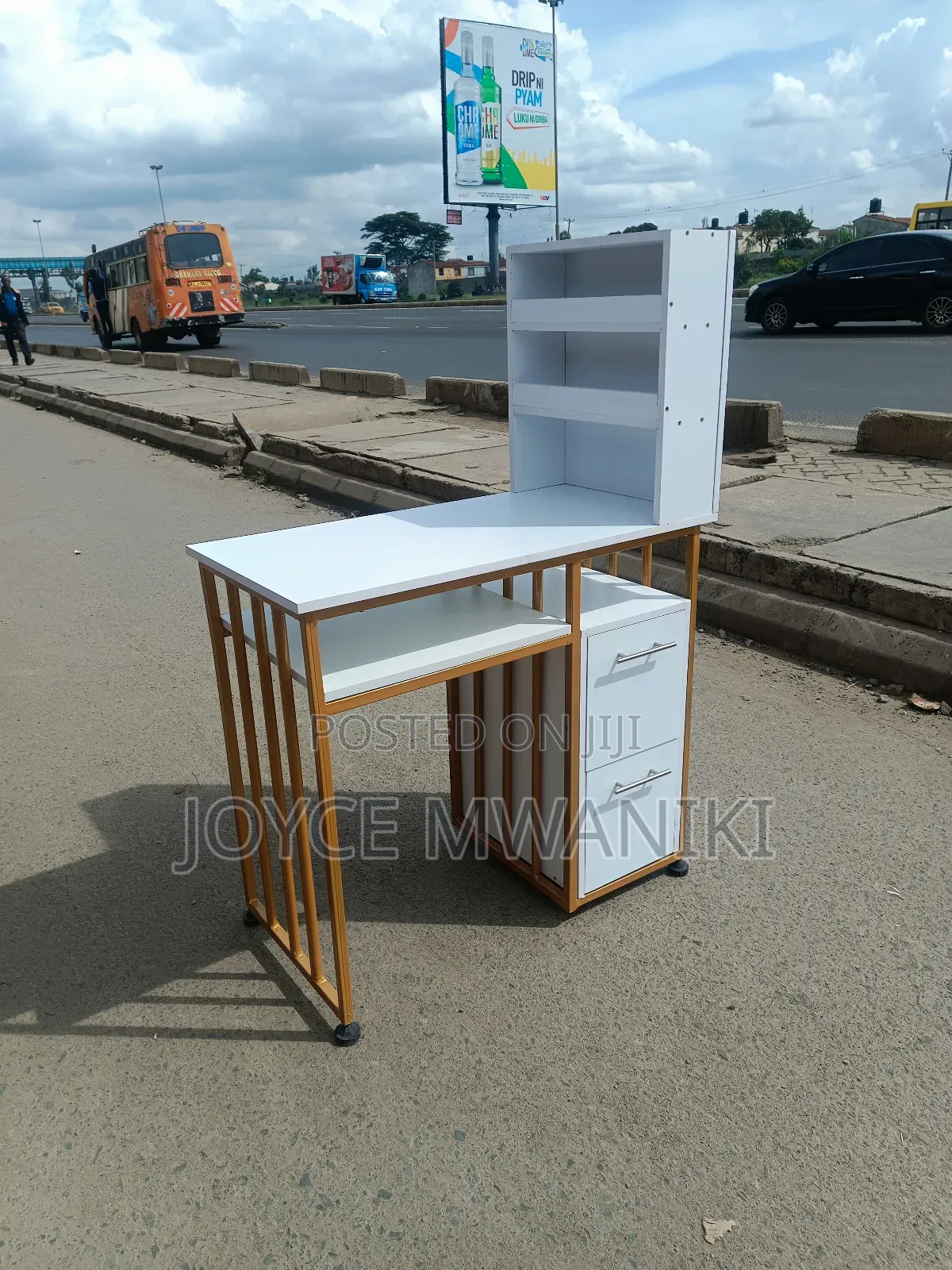 Manicure Table, White Board With Metallic Gold Frame