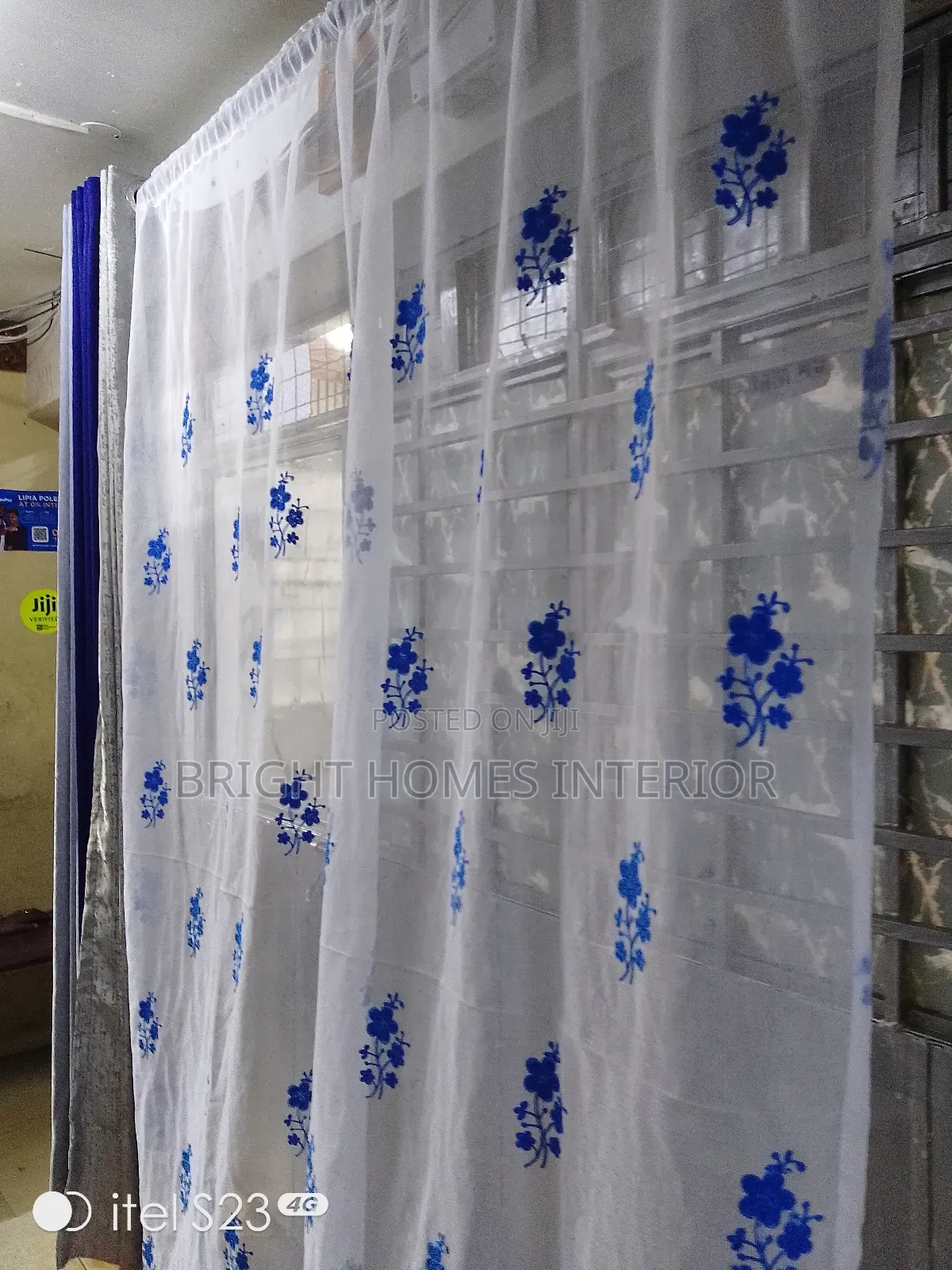 White Sheers With Royal Blue Flowers