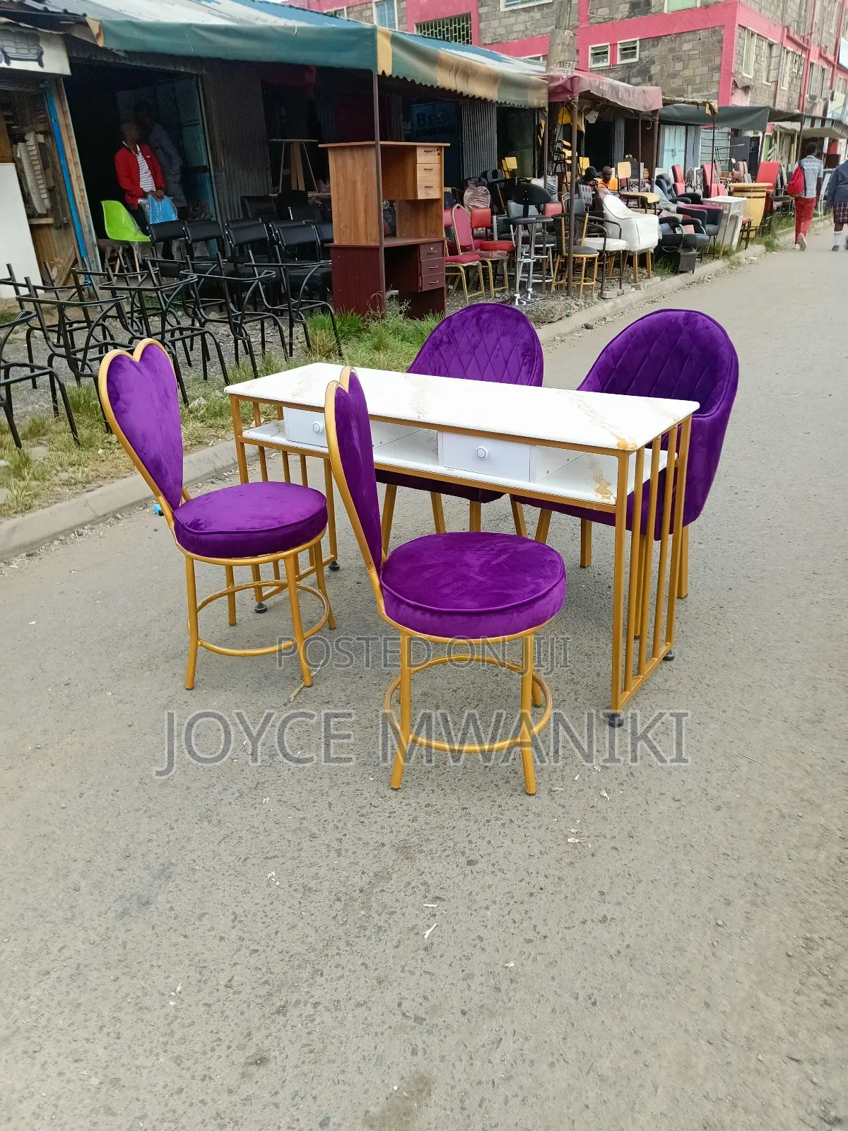 Manicure Set Purple Seats and Gold, With Marble Table