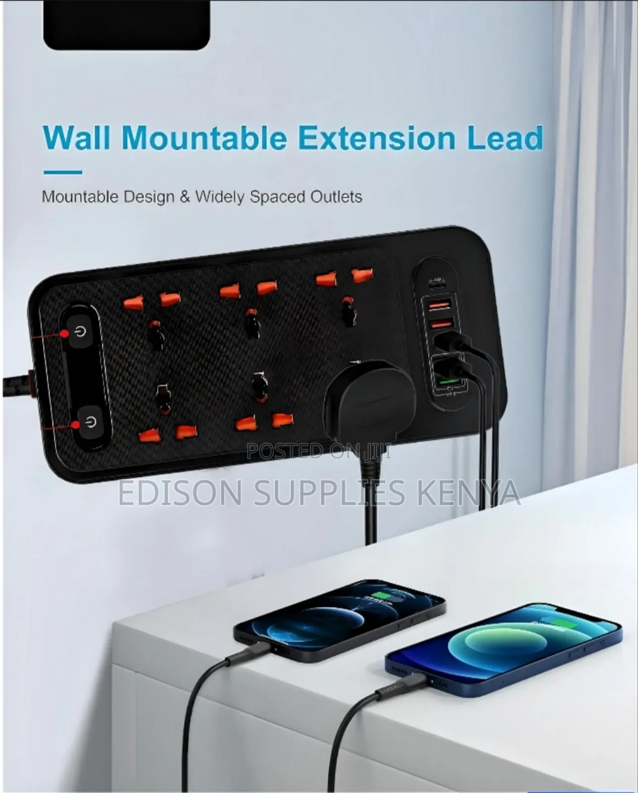 Winning Star Black Extension Cable 6 Way Multiplug 5 Usb + C