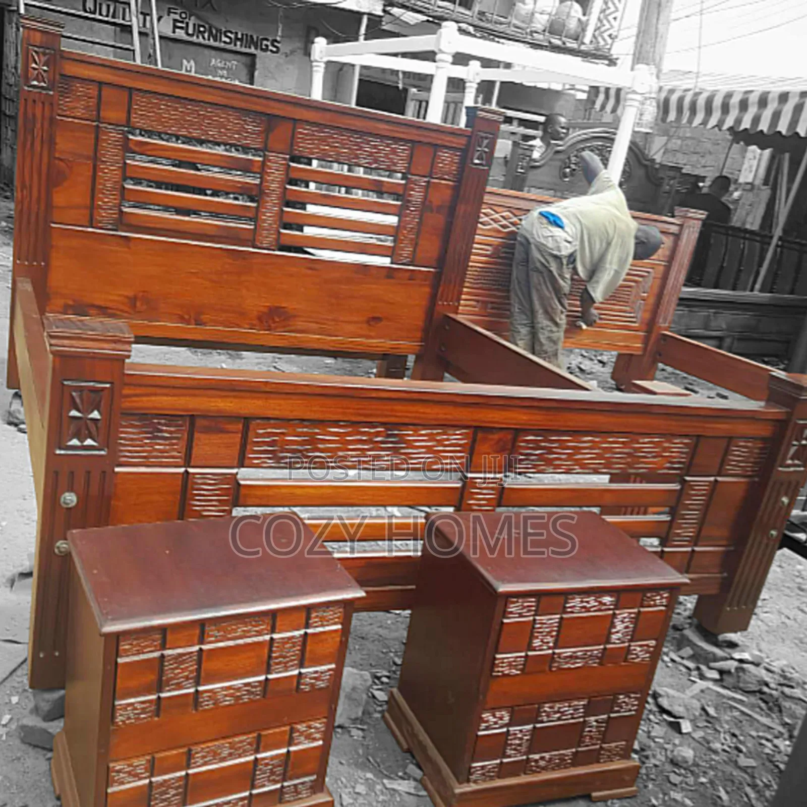 Bed, Lux 5by6 Wooden Mahogany Bed With Bedsides, Ready Made