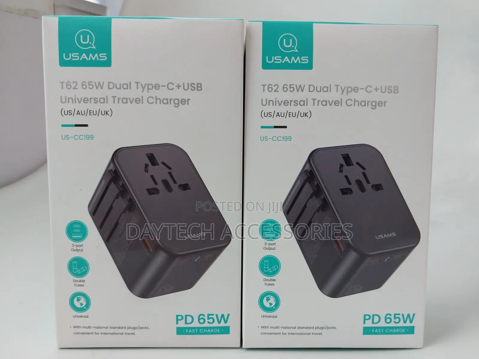 Usams T62 Universal Travel Charger 65w Dual Type-C + Usb