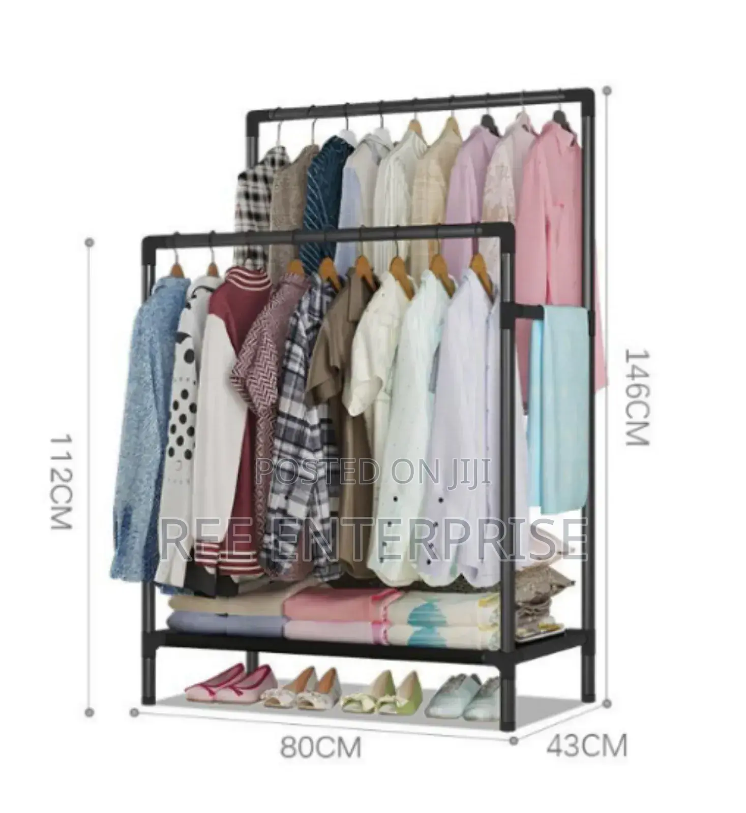 Sturdy Metal Frame Double Pole Clothing Rack With Shoe Rack