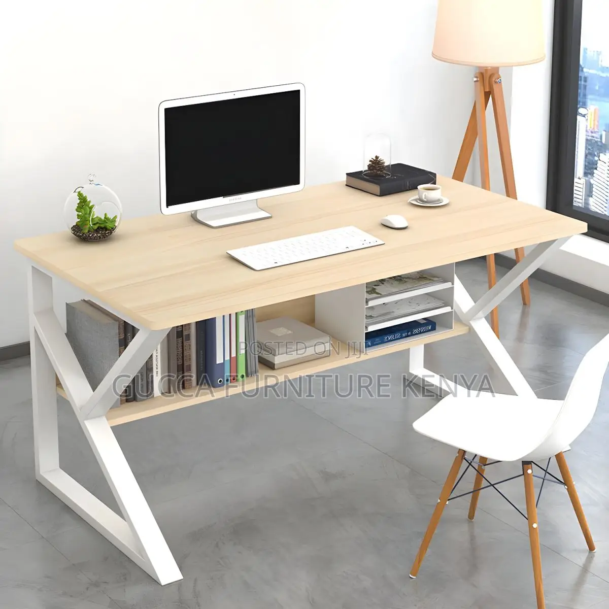 Office Desk: Industrial Curved Computer Desk With Storage