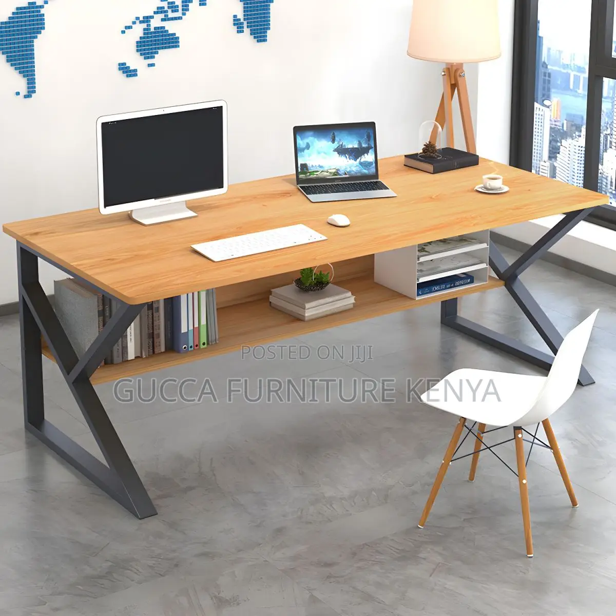 Office Desk: Industrial Curved Computer Desk With Storage