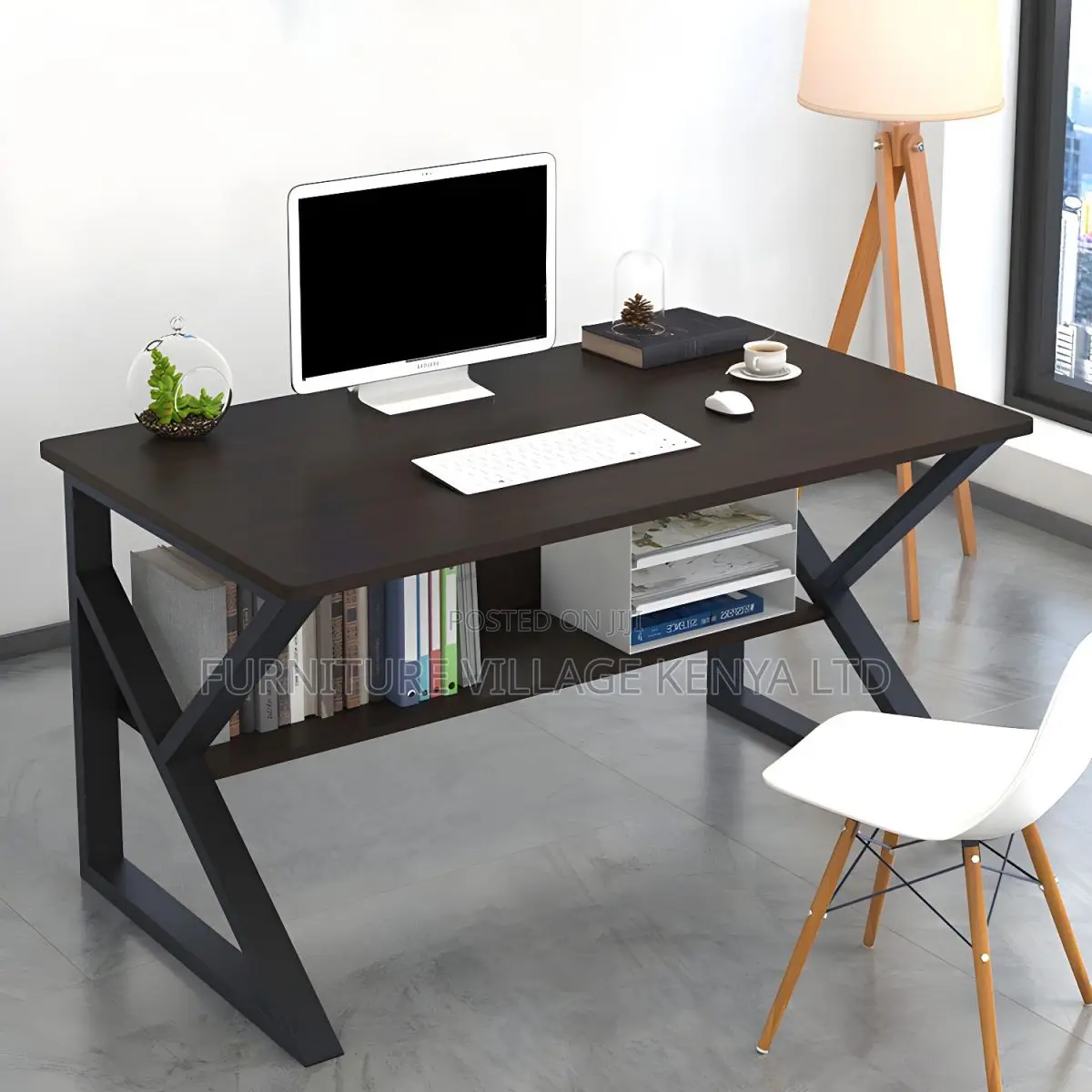 Office Desk: Steel-Framed Office Desk With Storage Shelf