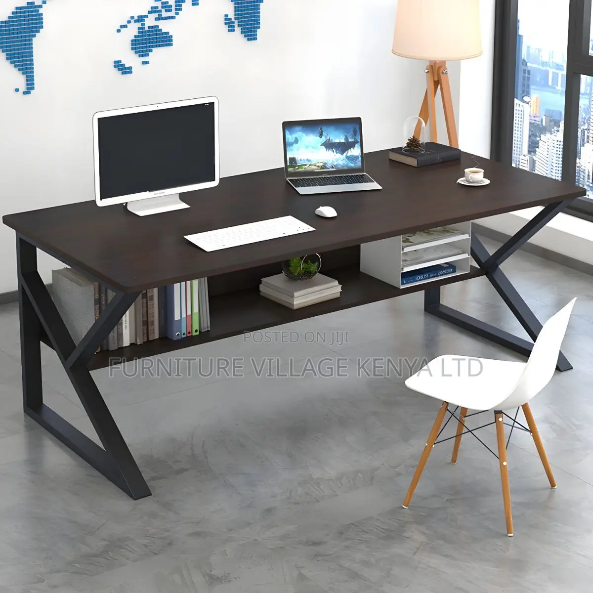 Office Desk: Steel-Framed Office Desk With Storage Shelf