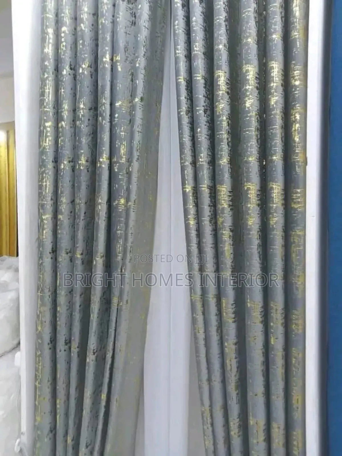 Velvet Grey Curtain With Gold Pattern