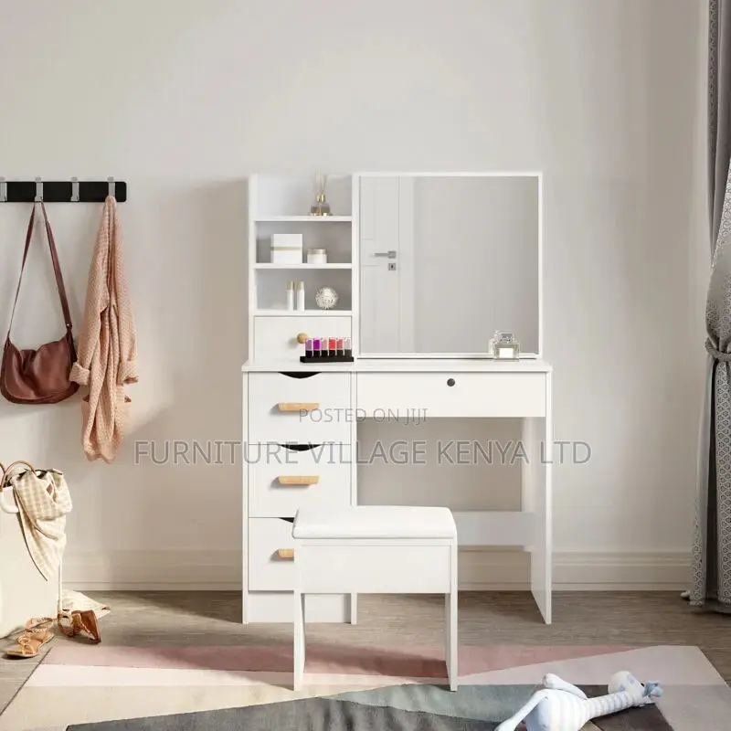 Dressers:White Beauty Station With Sliding Mirror and Bench