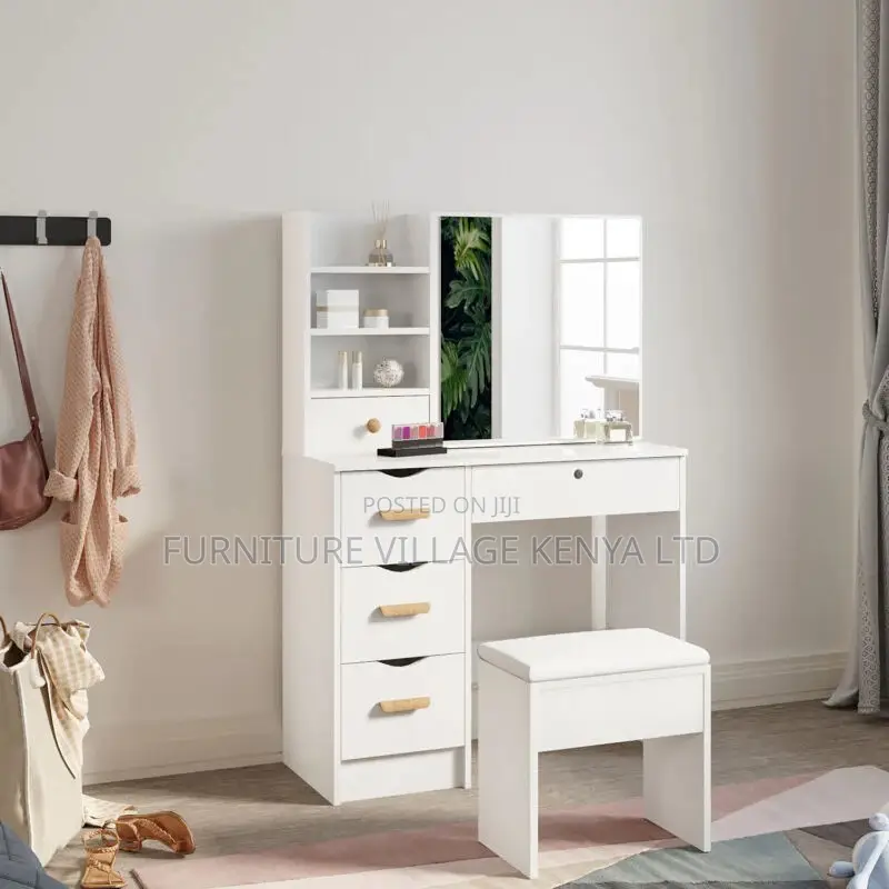 Dressers:White Beauty Station With Sliding Mirror and Bench
