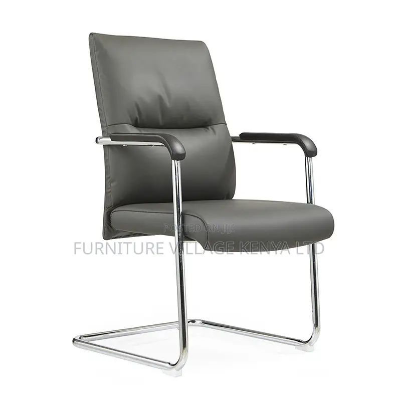 Office Chair: Gray Pu Leather Fixed Guest Lounge Chair