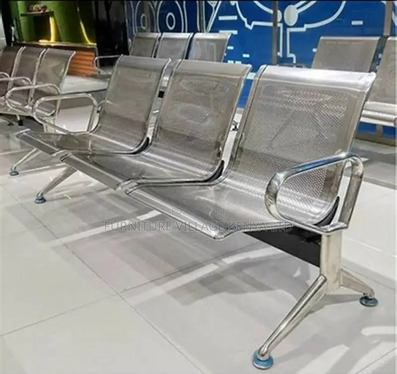 Office Bench:3-Seat Silver Non-Padded Waiting Office Bench