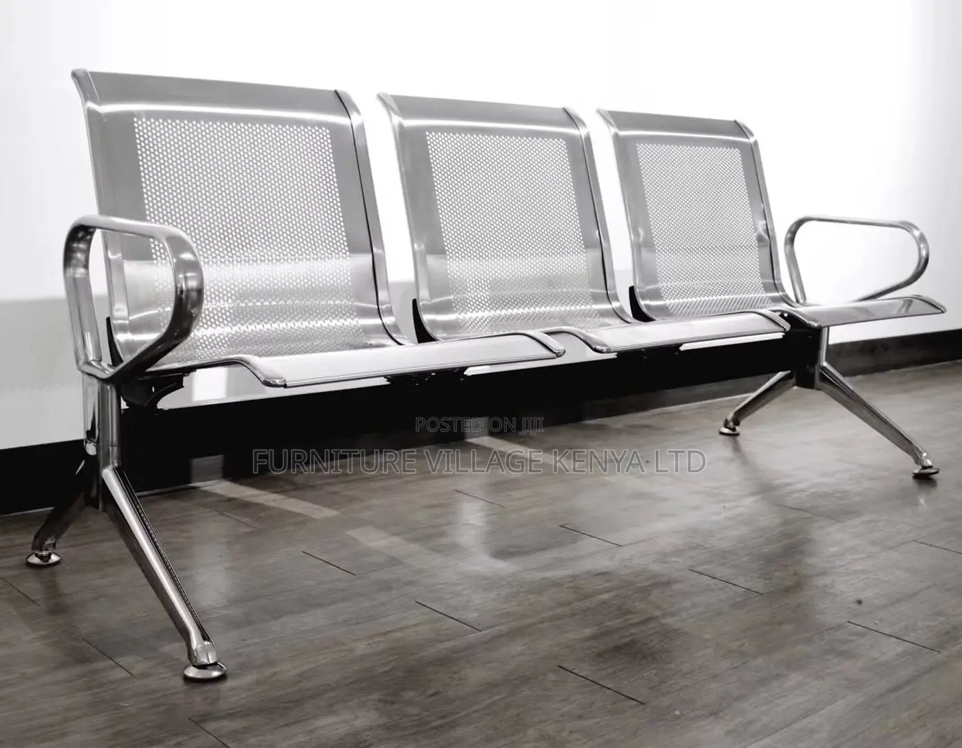 Office Bench:3-Seat Silver Non-Padded Waiting Office Bench