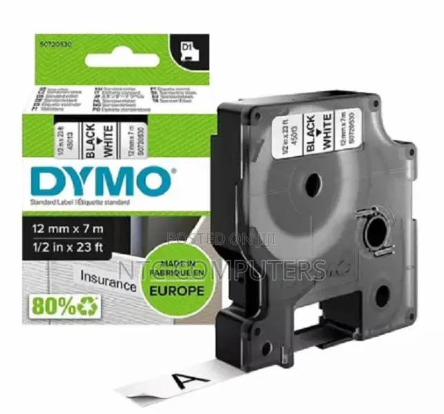 Dymo 45013 12mm X7m Black on White Tape