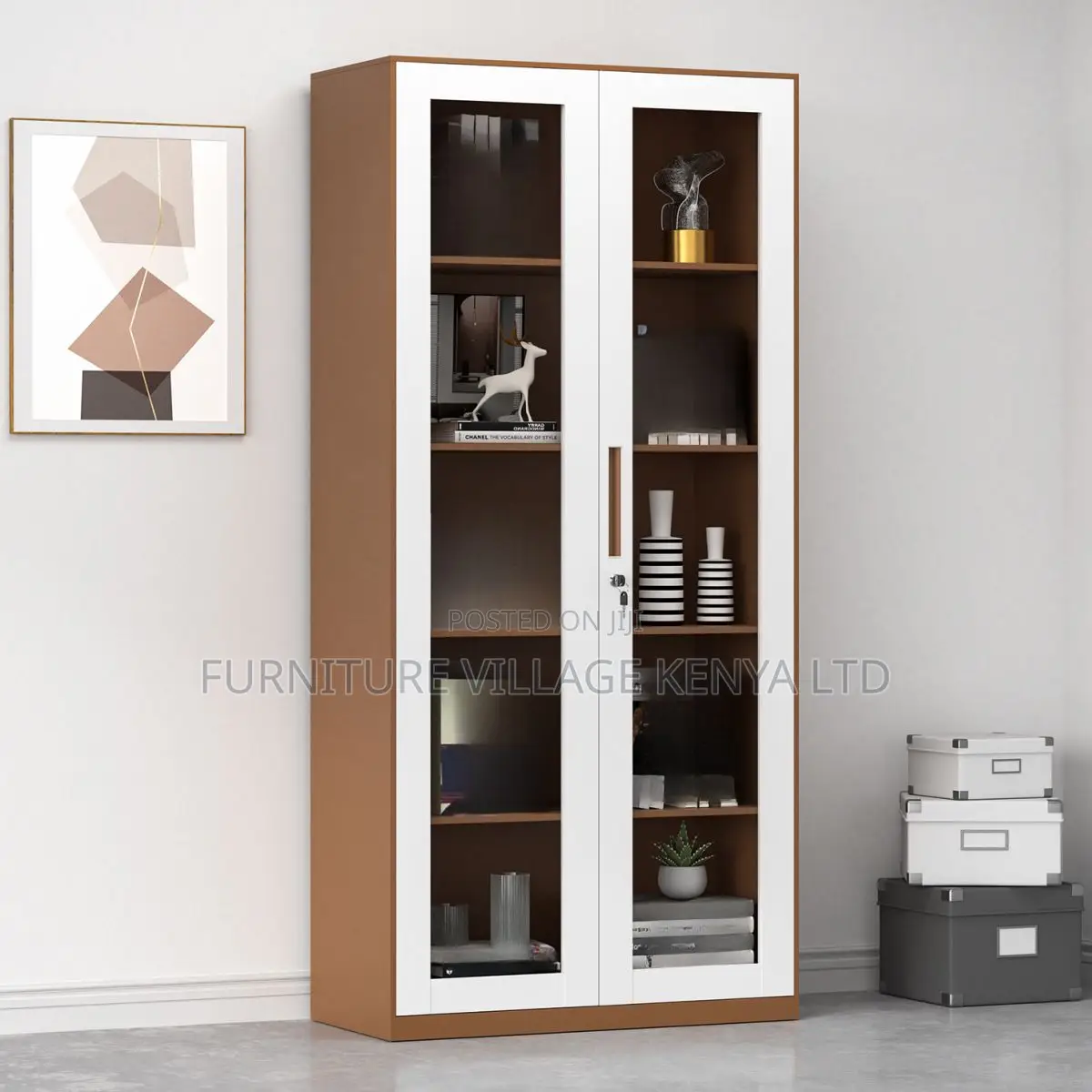 Cabinets: Sleek Glass Door Storage Metallic Frame Cabinet