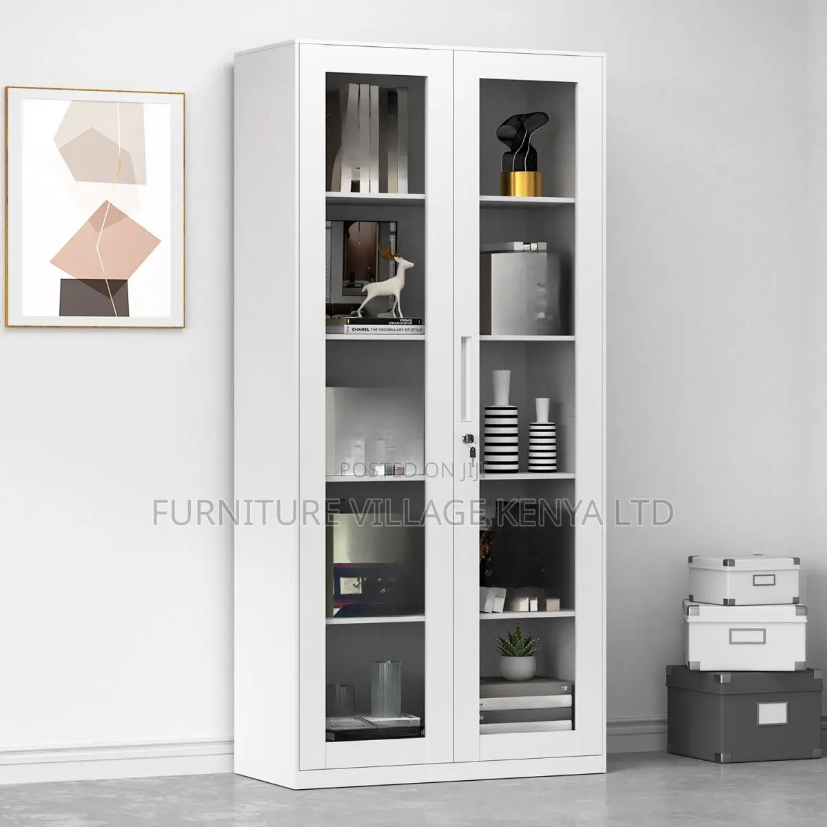 Cabinets: Sleek Glass Door Storage Metallic Frame Cabinet