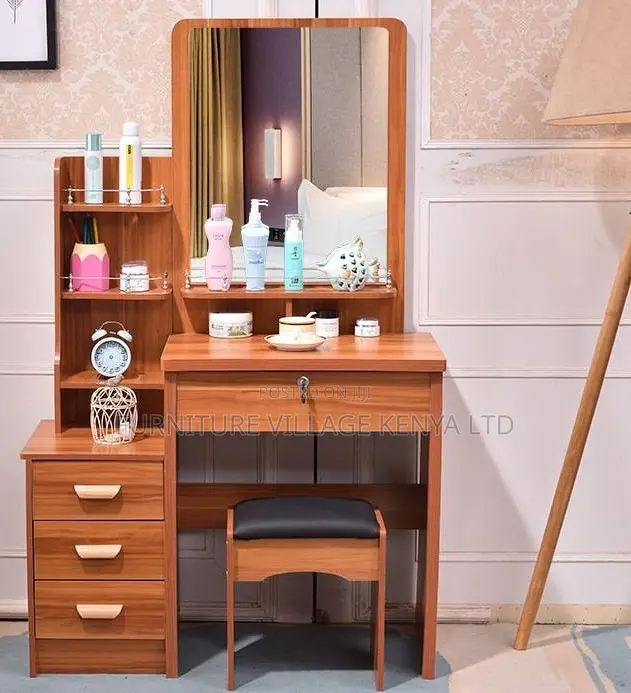 Dressers: Bedroom Makeup Station Wooden Table and Stool