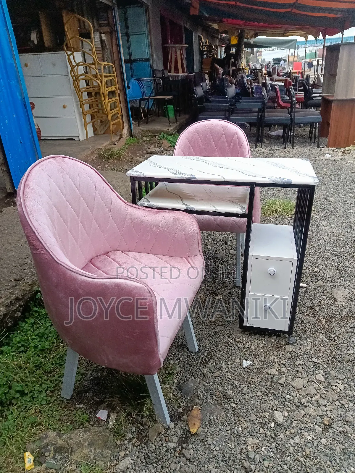 Manicure Set, Marble Black and White Table, Pink Seats 