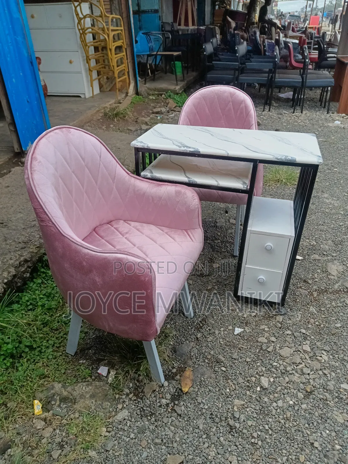 Manicure Set, Marble Black and White Table, Pink Seats 
