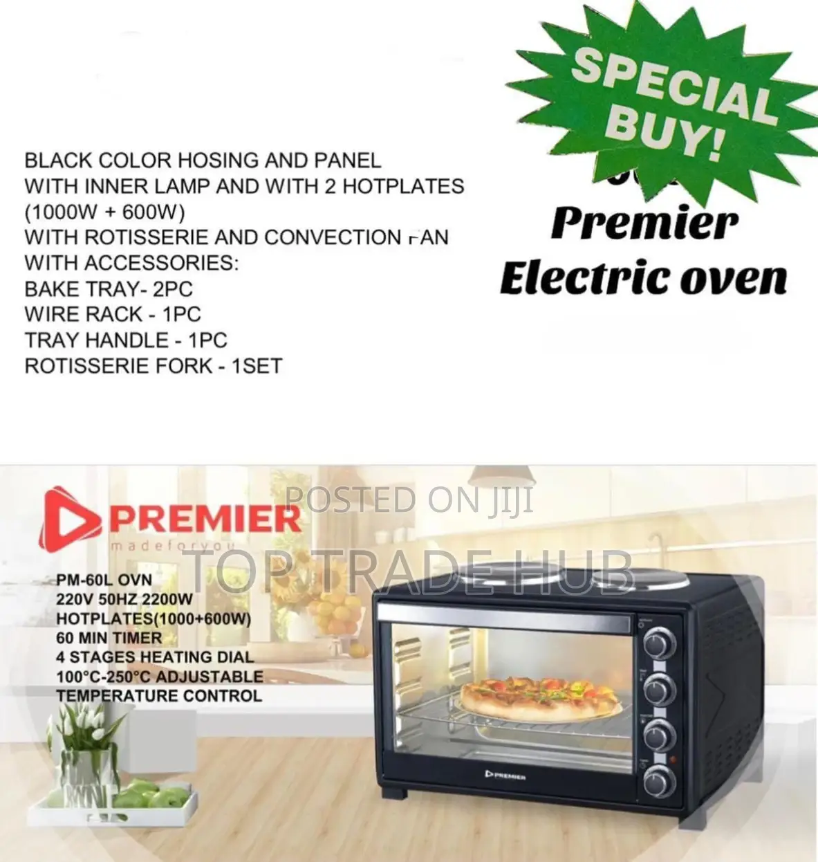 Premier 60l Electric Oven With 2 Hot Plates and Accessories
