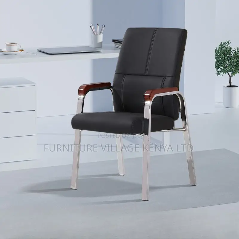 Office Chair: Leather Black Fixed Padded Arms Office Chair