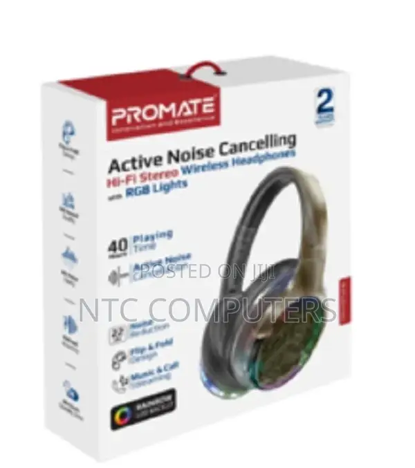 Promate Anc Hi-Fi Stereo Wireless Headphones With RGB Lights