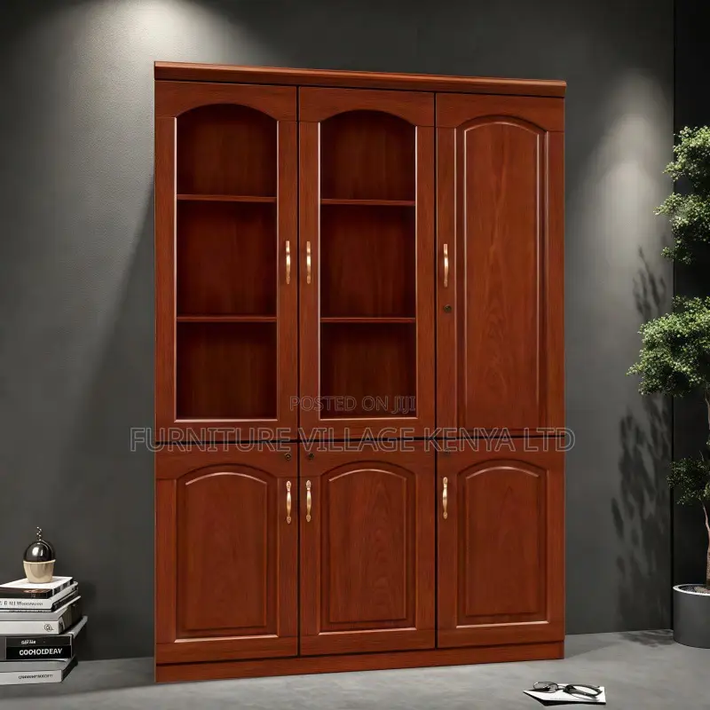 Cabinets: 3-Door Smooth Wooden Filling Display Bookcase