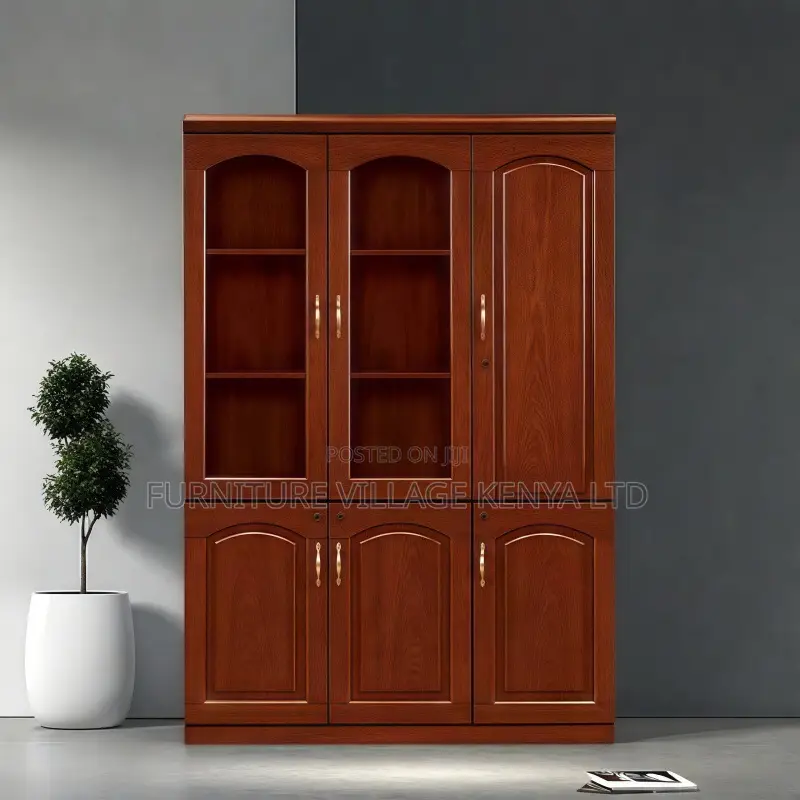 Cabinets: 3-Door Smooth Wooden Filling Display Bookcase
