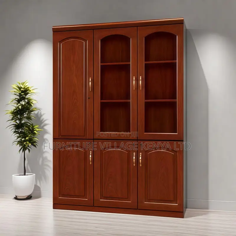 Cabinets: 3-Door Smooth Wooden Filling Display Bookcase