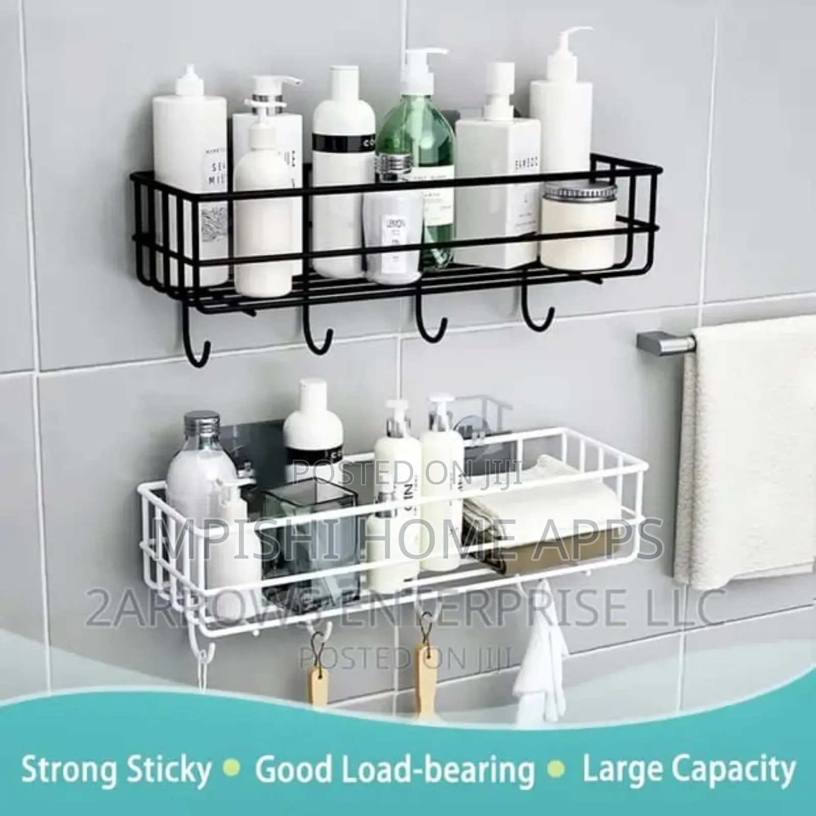 Rectangular Metallic Corner Bathroom Shelf Black and White