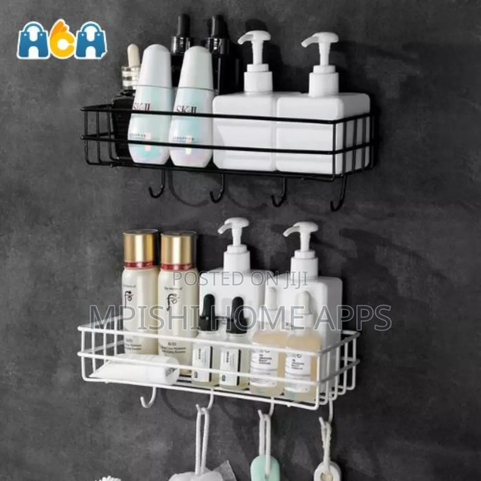 Rectangular Metallic Corner Bathroom Shelf Black and White