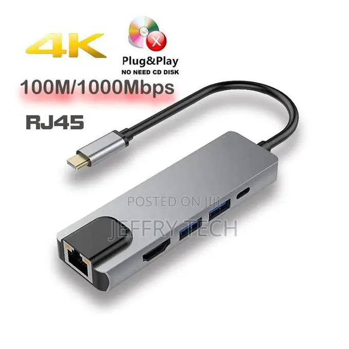 5 Port Usb Type C Hub Hdmi-Compatible 100m/1000m Rj45 To