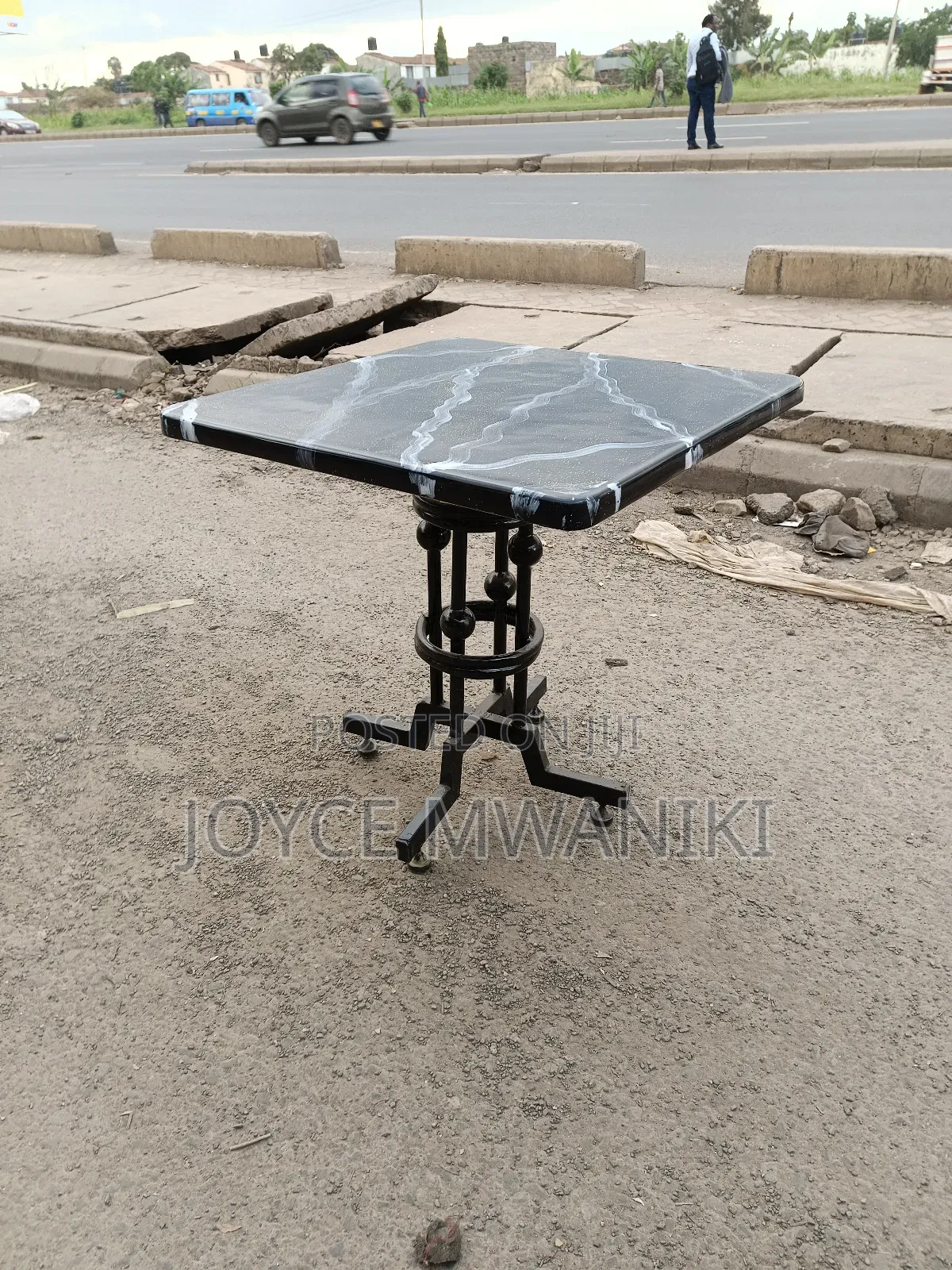 Hotel Table, Marble Black Top With White Stripes 