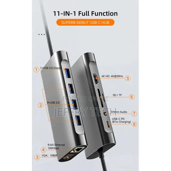 11-in-1 Type-C Usb 3.0 Hub Type C to Hdmi-Vga Pd Rj45 100