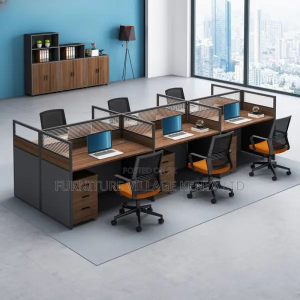 Workstation: 6-Way Brown Workstation With File Cabinet