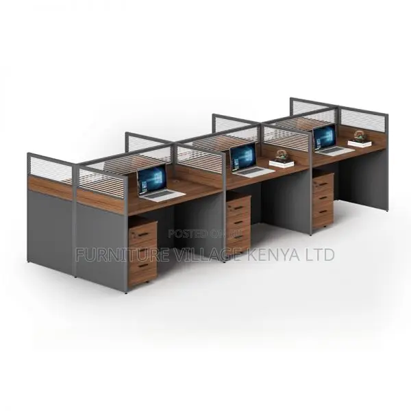 Workstation: 6-Way Brown Workstation With File Cabinet
