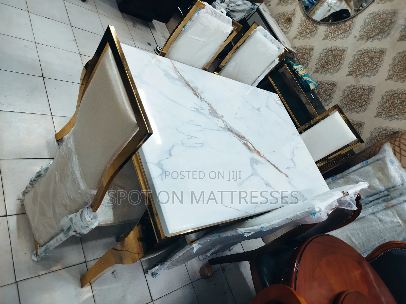 Exquisite Dining Set - Marble Top Table + 6 Leather Chairs.