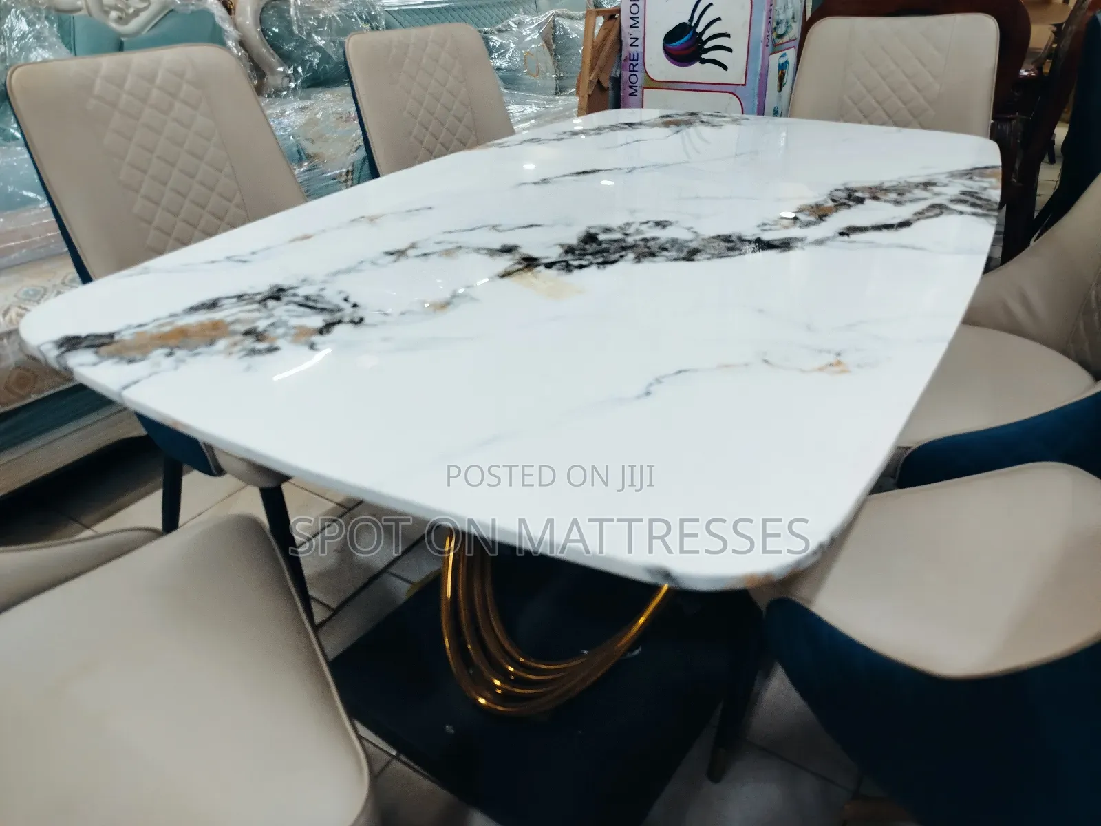 Unique Dining Set - 6 Leather Chairs and Marble Top Table.