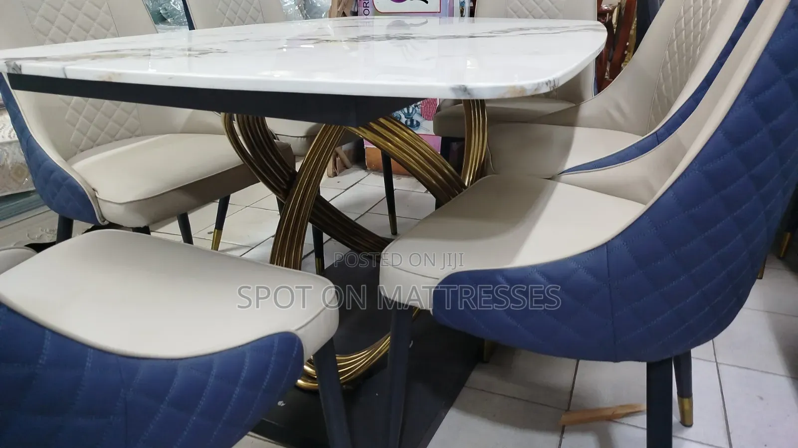 Unique Dining Set - 6 Leather Chairs and Marble Top Table.