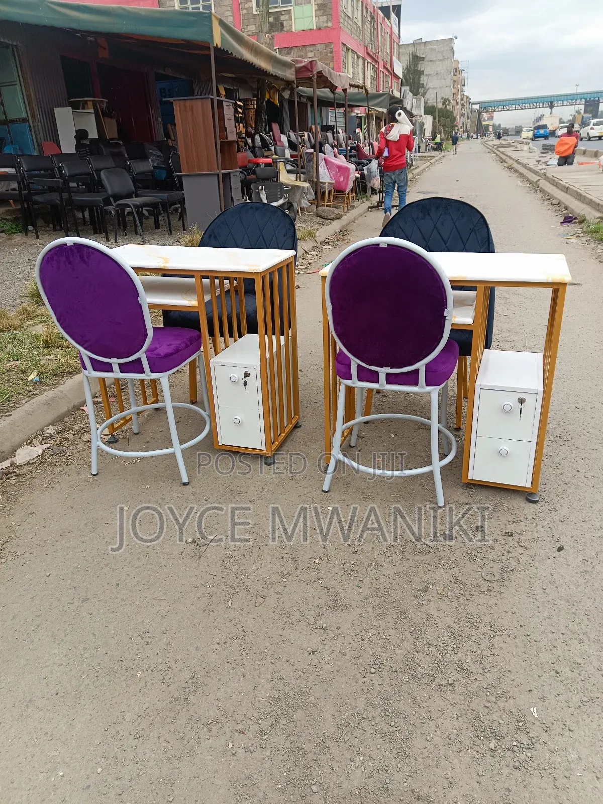 2 Manicure Sets, Black and Purple Seats, Marble Tables 