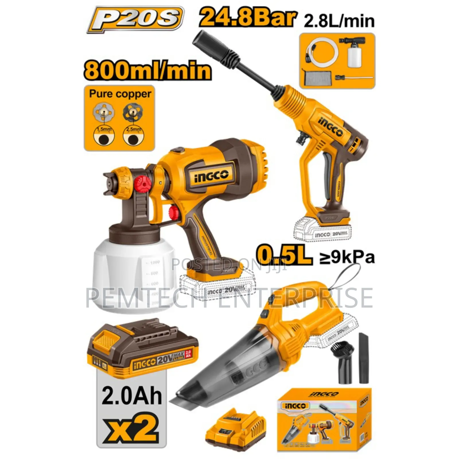 Ingco 20v 3pcs Sprayer, Vacuum, Hp Washer Combo Set