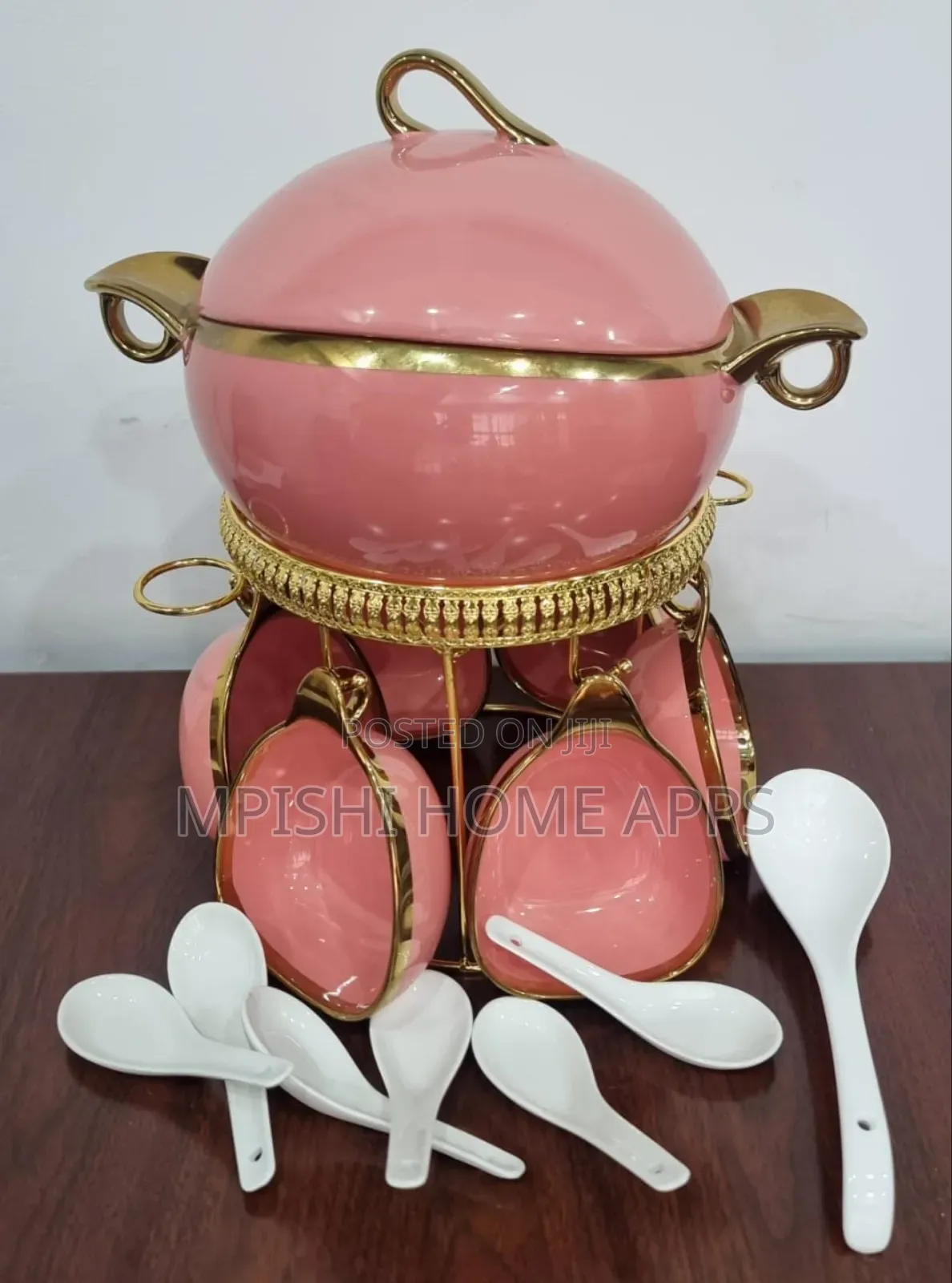 16pc Ceramic Soup Set on Golden Stand (4 Colours)