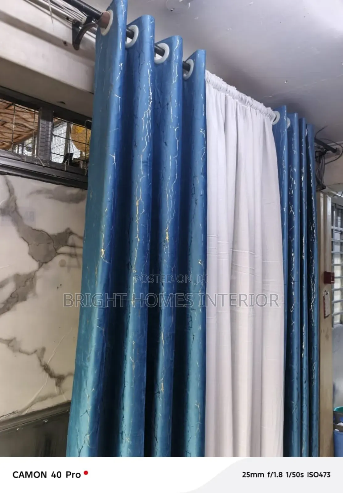 Turquoise Cotton Material Curtain and White Sheer
