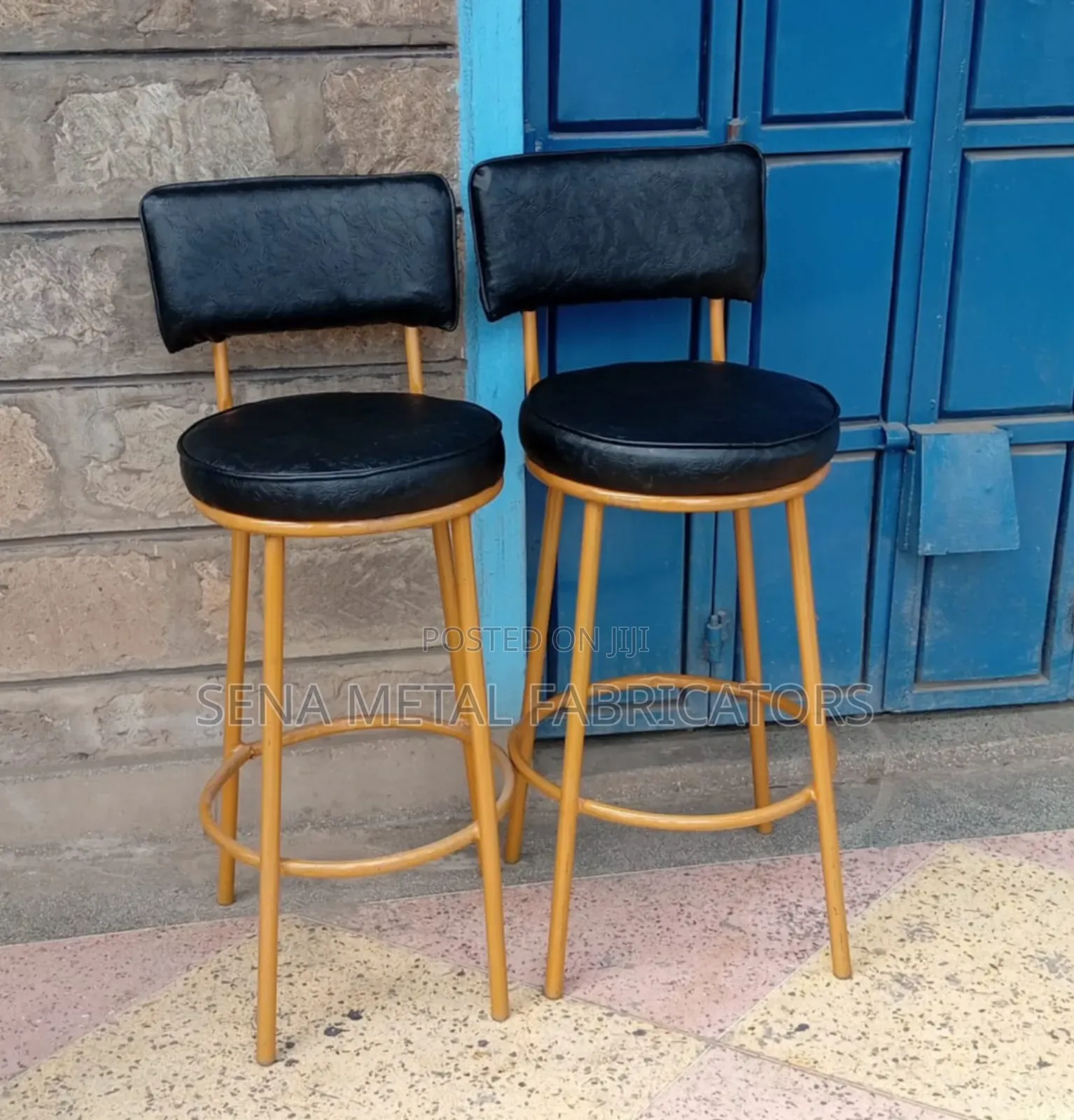 Black Kitchen High Counter Stools With Gold Metal Frame.