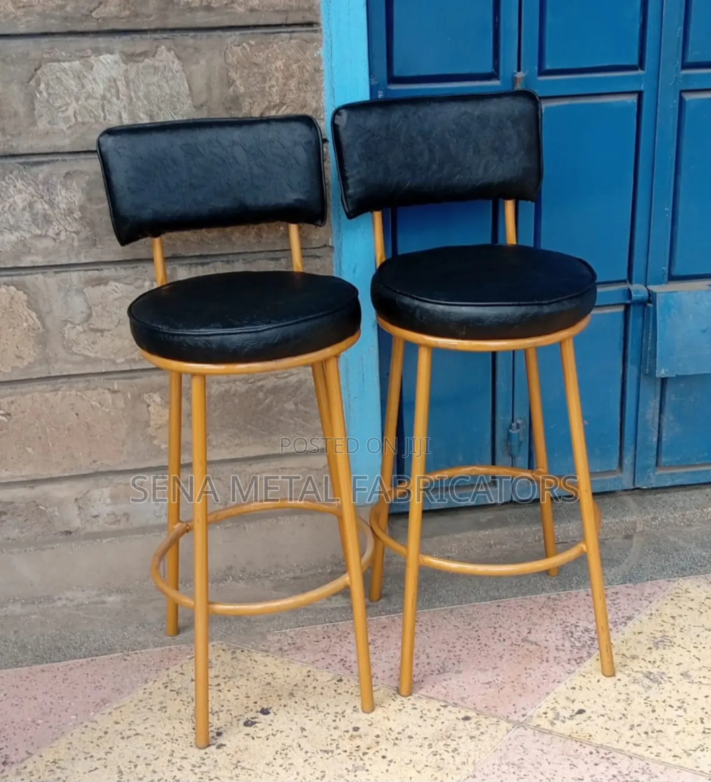 Black Kitchen High Counter Stools With Gold Metal Frame.