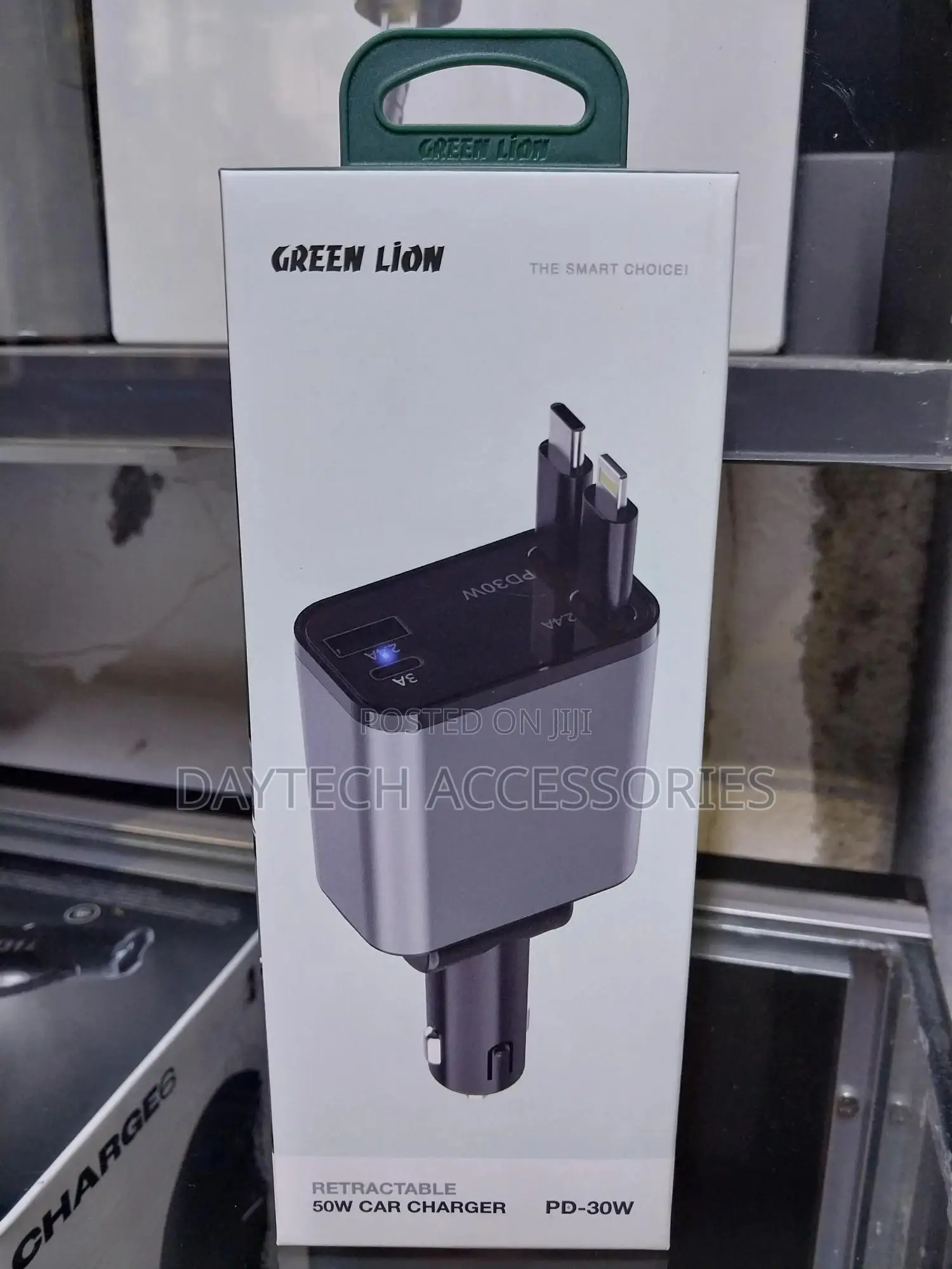 Green Lion Retractable Cable 50w Car Charger Pd-30w - Black