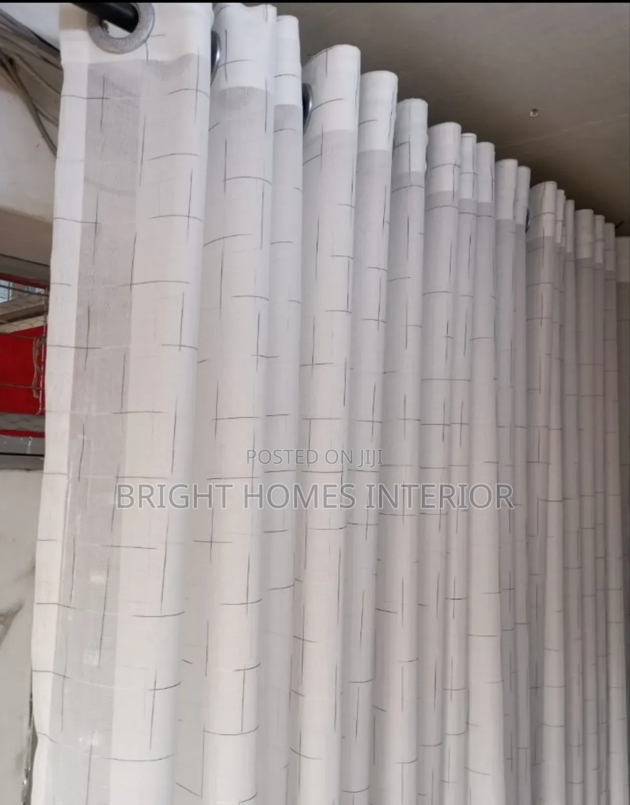 White Sheer With Grey Lines Matches Well With Grey Curtain